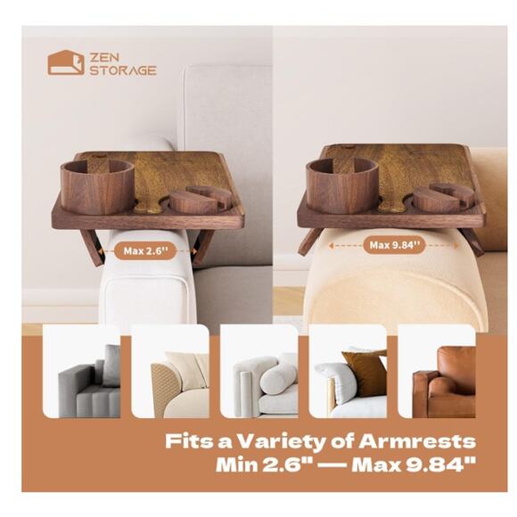 Acacia Wood Couch Arm Table Tray with Charcuterie Board & Phone Holder, Cup Slot - Picture 3 of 9